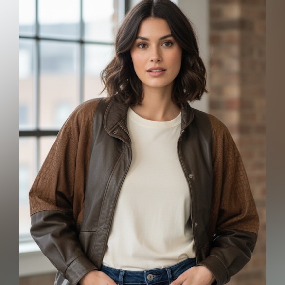 VINTAGE 80s Croc Embossed Brown Leather Jacket - Picture 1 of 8